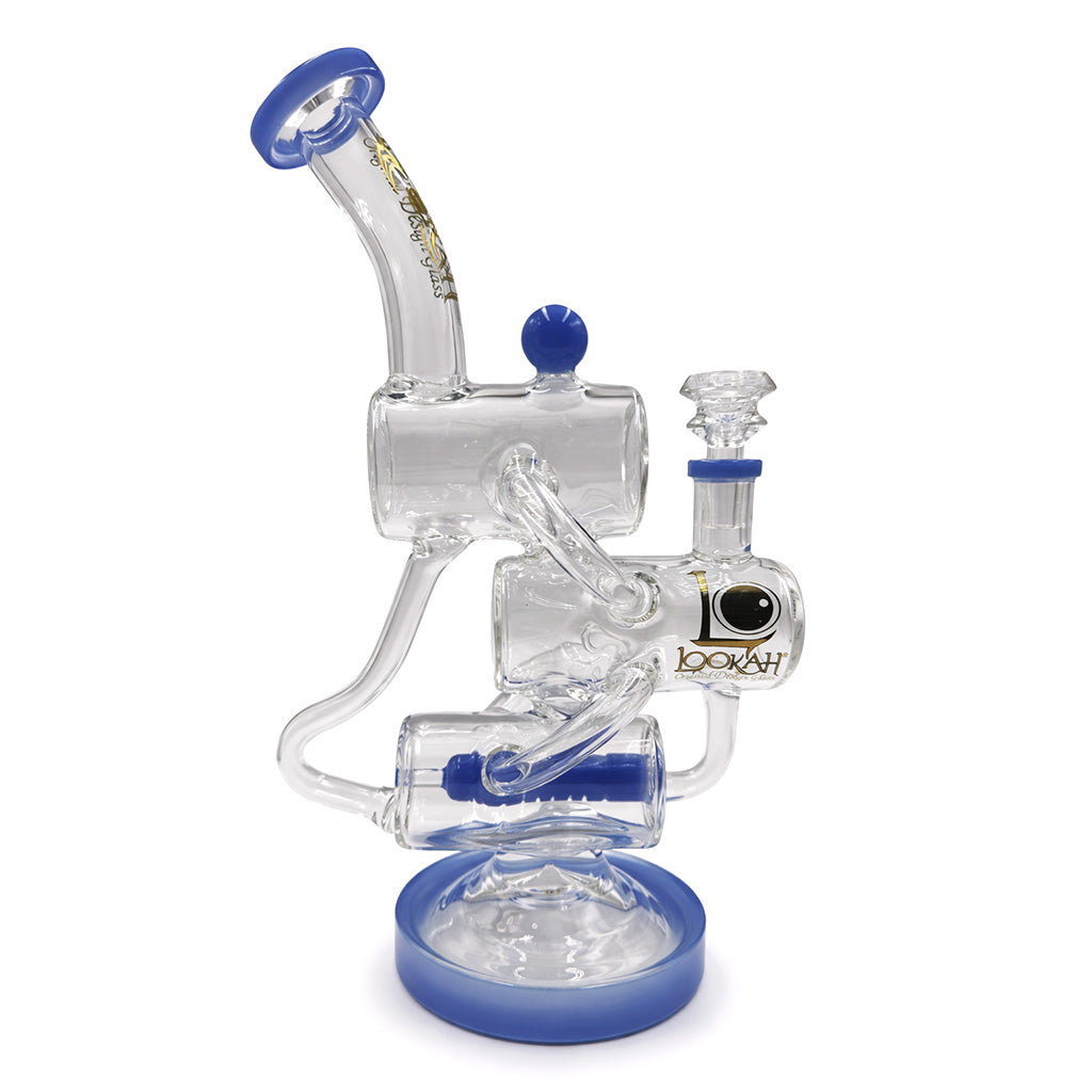 Front view of Lookah 12 inch multi chamber recycler dab rig in jade blue with looped chambers and wide base for steady sessions