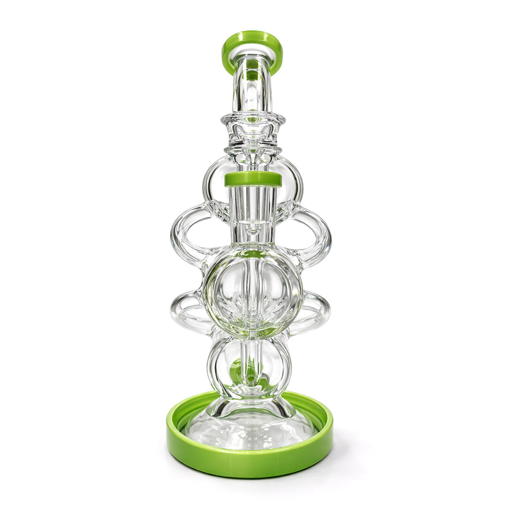 Lookah 12 inch recycler style multi chamber dab rig in green with bowl slide, stacked chambers, and wide base on a white background
