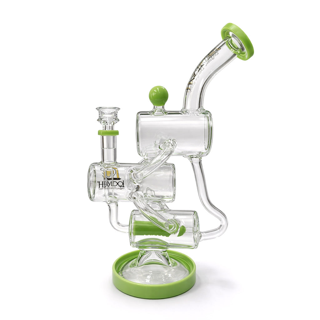 Side view of Lookah 12 inch recycler style multi chamber dab rig in green showing the connecting tubes, bowl joint, and stable base