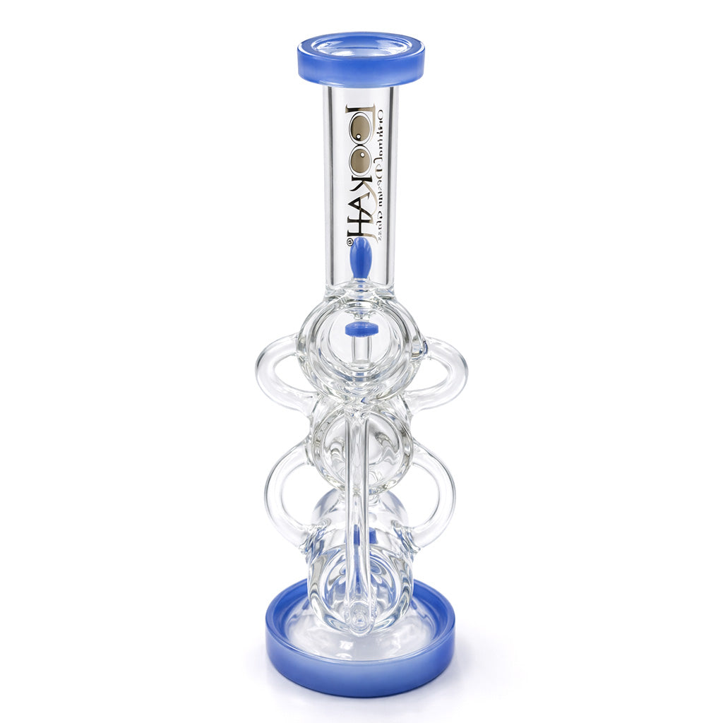 Lookah 12 inch recycler style multi chamber dab rig in jade blue with bowl slide, stacked chambers, and wide base on a white background