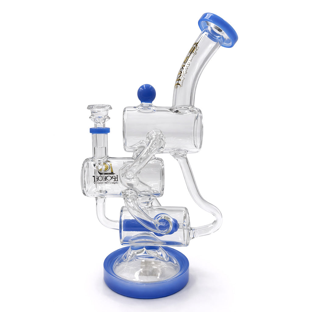 Side view of Lookah 12 inch recycler style multi chamber dab rig in jade blue showing the connecting tubes, bowl joint, and stable base 