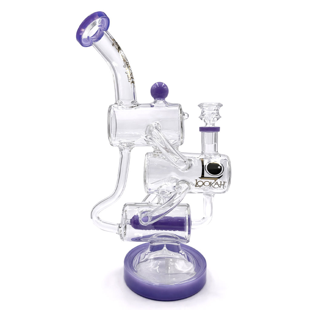 Side view of Lookah 12 inch recycler style multi chamber dab rig in purple showing the connecting tubes, bowl joint, and stable base