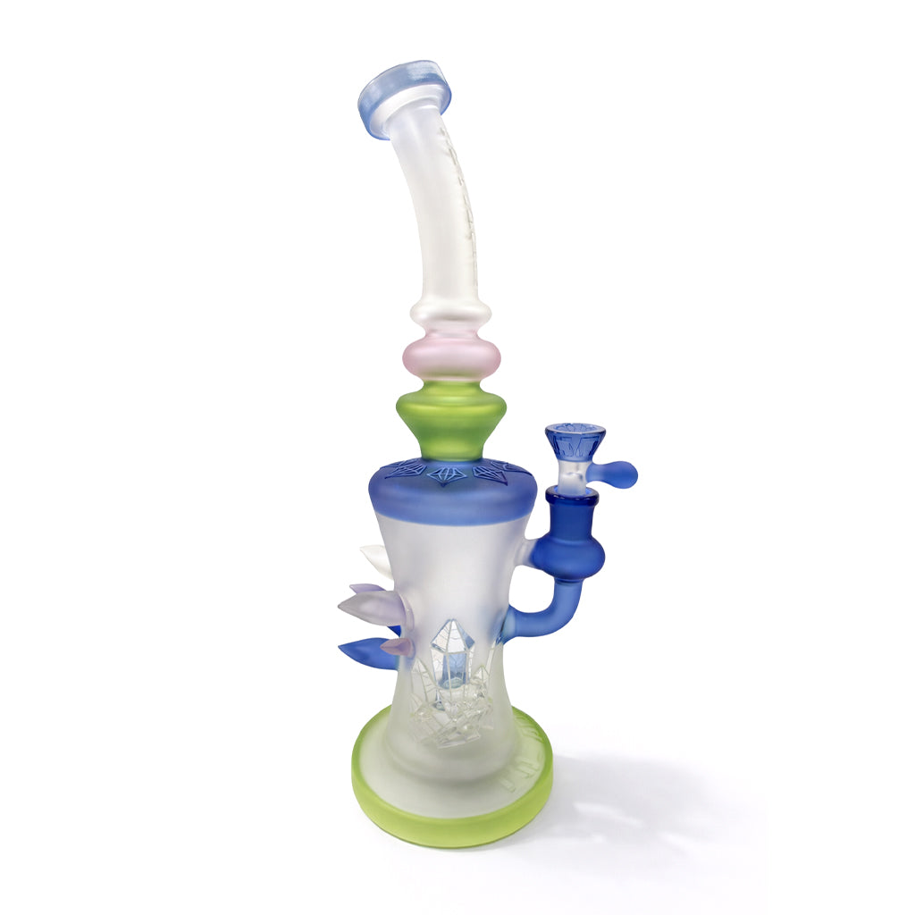 Front view of Lookah 13 inch color stack frosted dab rig with blue bowl and joint, stacked color accents, and crystal style perc detail inside the chamber