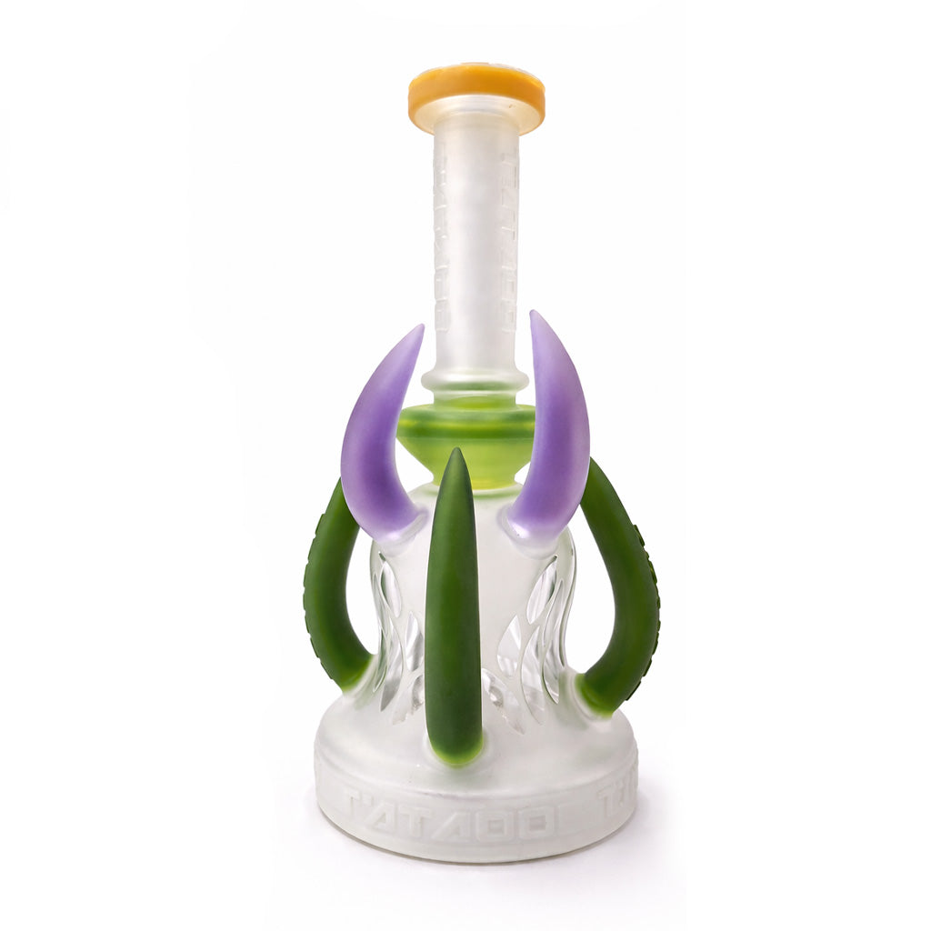 Back view of Lookah 13 inch frosted Tattoo dab rig showing horn accents, dual handles, and wide base for a steadier grip 