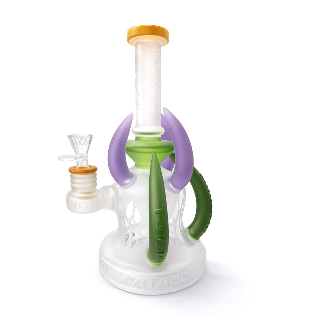 Angled front view of Lookah 13 inch frosted Tattoo dab rig with green and purple accents, stable base, and included bowl