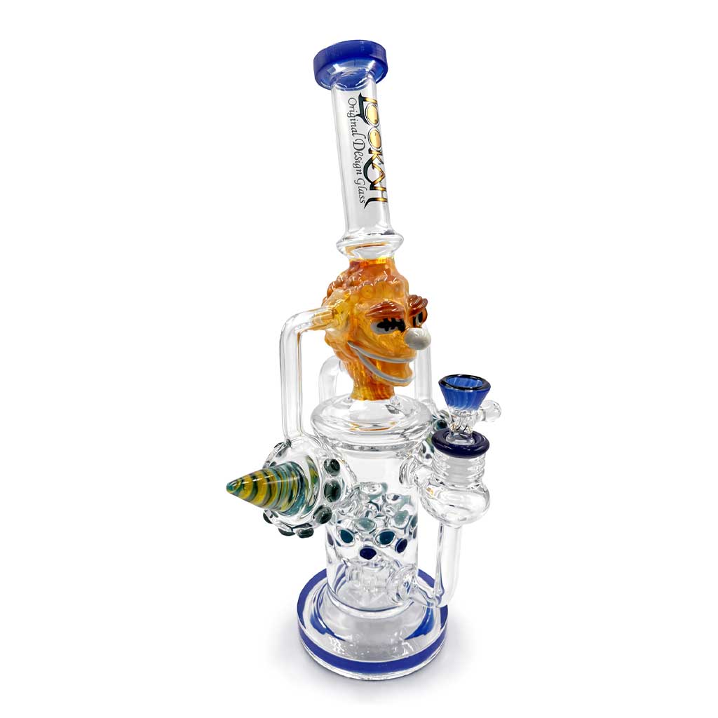 Angled view of Lookah 14 inch Crazy Clown recycler dab rig in blue showing the clown head, horn detail, and matching bowl for smooth water filtration