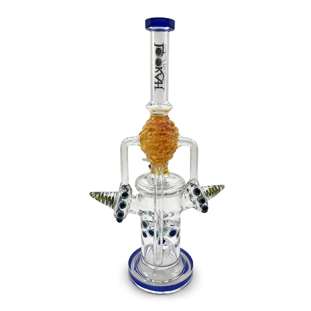 Back view of Lookah Crazy Clown recycler dab rig in blue highlighting the recycler tubing layout and sculpted glass details on the body 