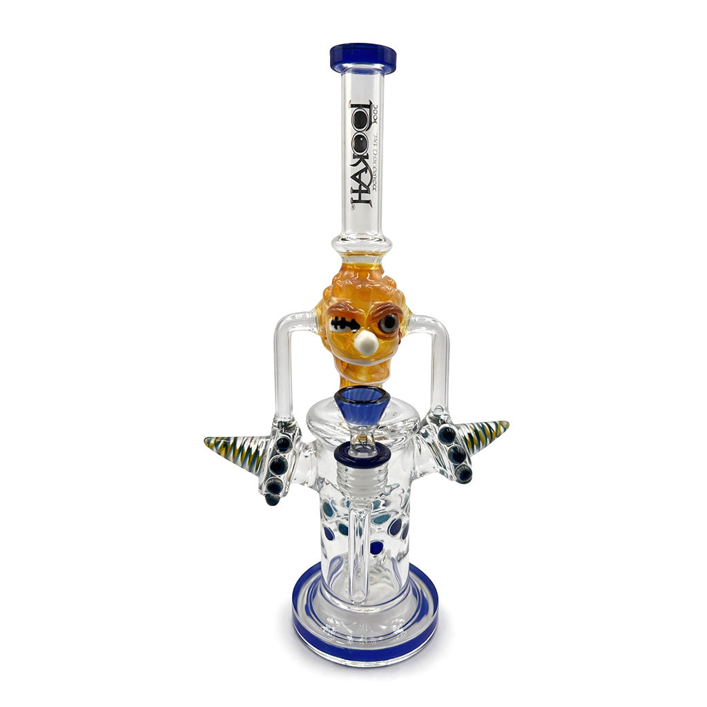 Front view of Lookah 14 inch Crazy Clown recycler dab rig with blue bowl and accent base designed for smoother diffusion and cooler hits 
