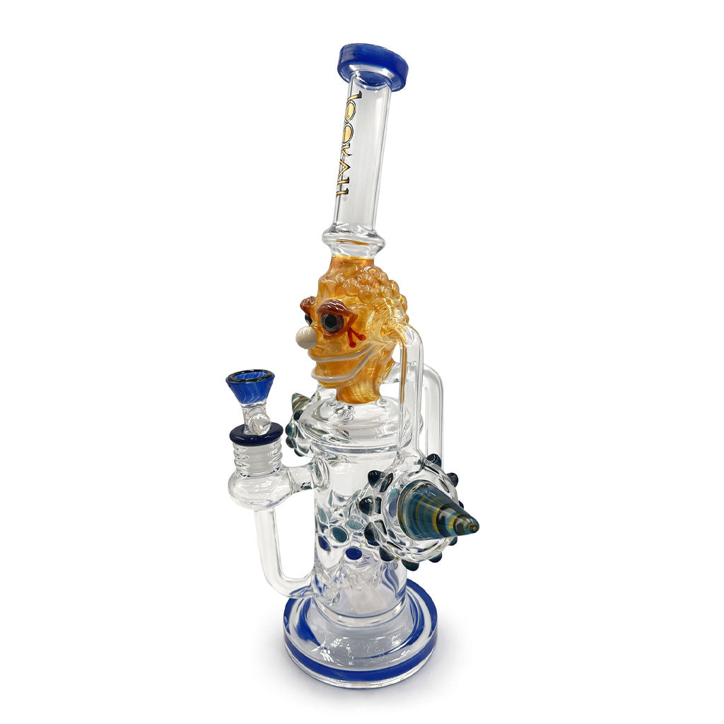 Side view of Lookah 14 inch Crazy Clown recycler dab rig with blue accents, wide base, and recycler function built for smooth water cooled sessions 