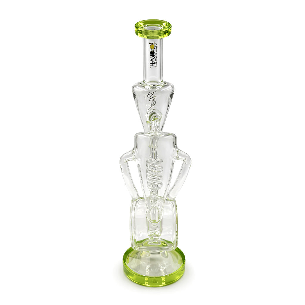 Front view of Lookah 15 inch recycler dab rig with coil percolator and green accents built for smooth filtration and concentrate use