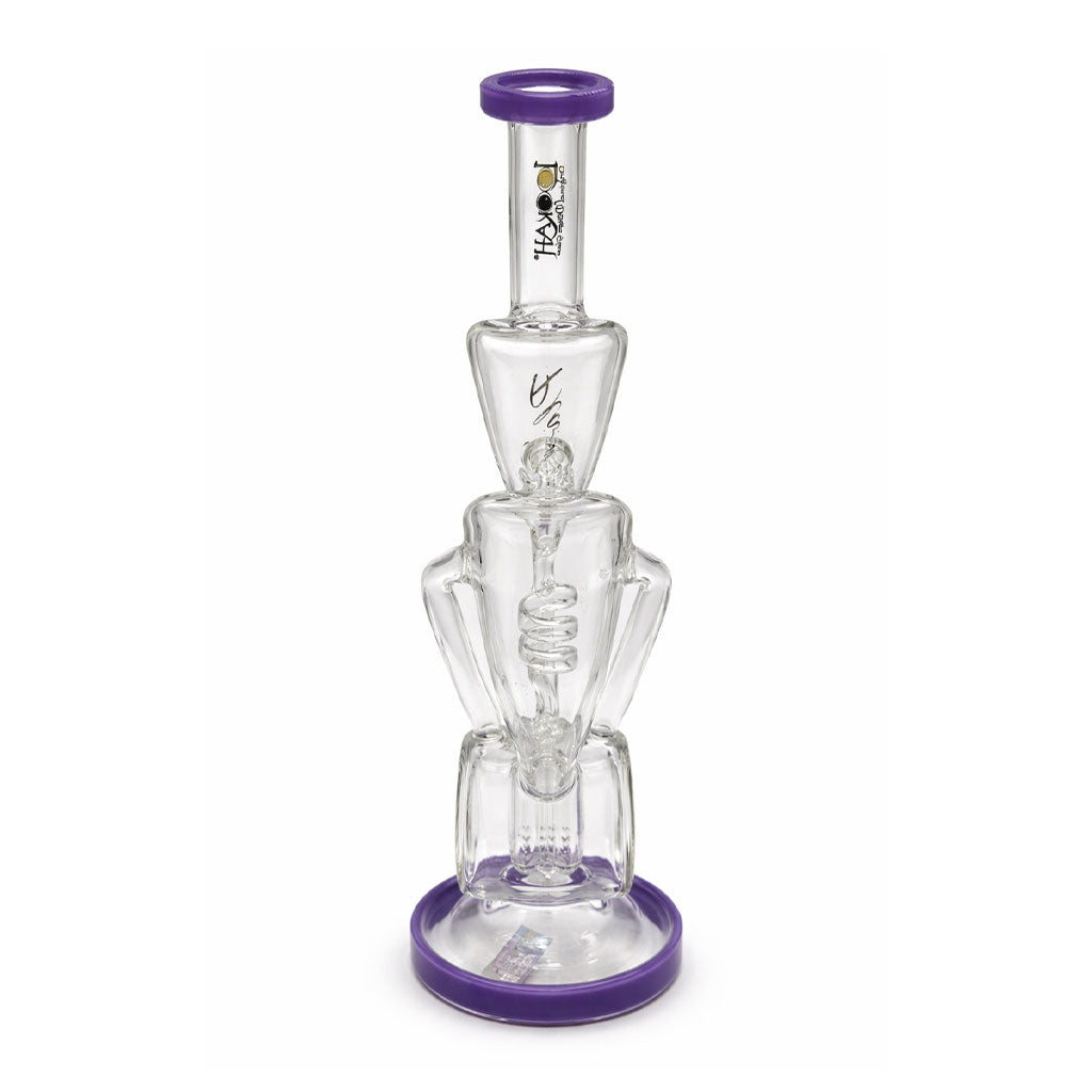Front view of Lookah 15 inch coil perc recycler dab rig with purple mouthpiece and base made for smooth filtration and daily concentrate use