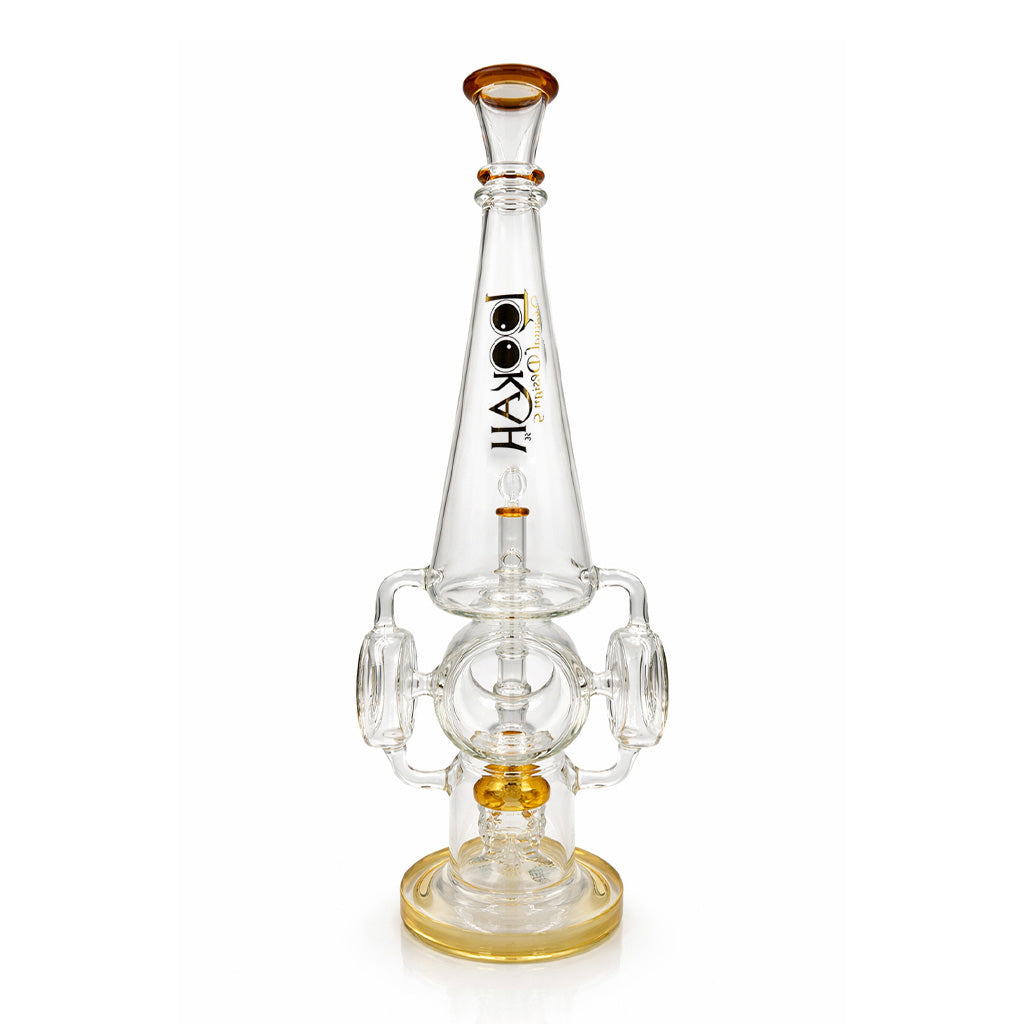 Angled view of Lookah double barrel recycler UFO rig in gold highlighting the tall cone neck, double side chambers, and stable round base 
