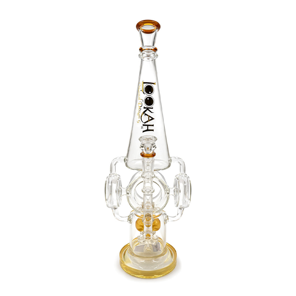 Lookah 15 inch double barrel recycler UFO rig with gold trim and bowl attached, designed to add filtration and smoother pulls to your setup 