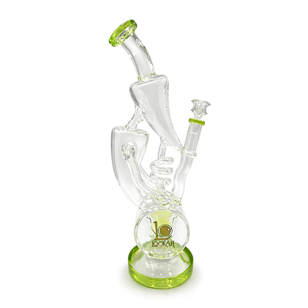 Angled view of Lookah 15 inch glass recycler dab rig with coil perc and green base designed for clean flavor and steady airflow