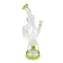 Angled view of Lookah 15 inch glass recycler dab rig with coil perc and green base designed for clean flavor and steady airflow
