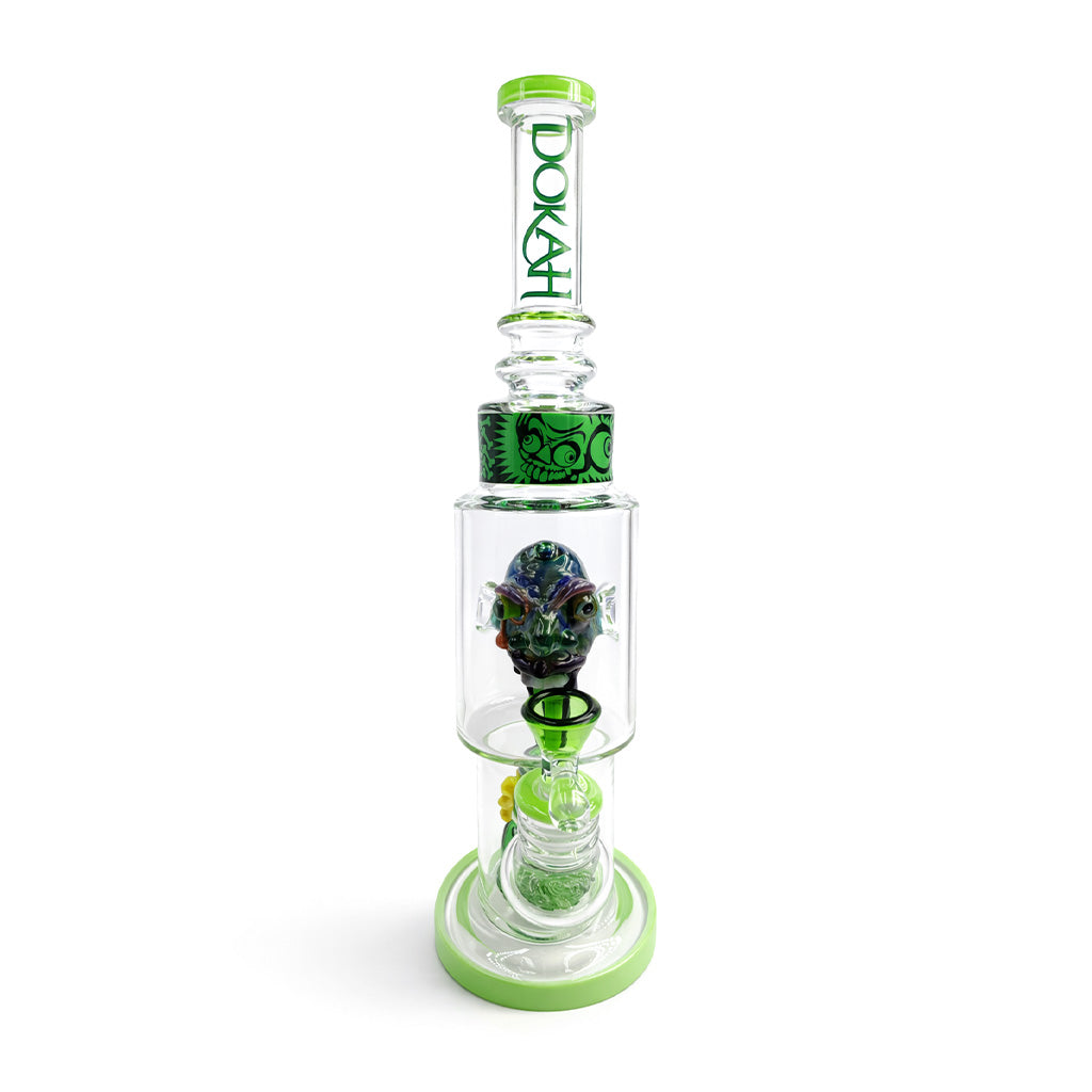 Angled side view of Lookah 15 inch sculpted head glass dab rig showing the bowl joint, character head detail, and wide stable base 