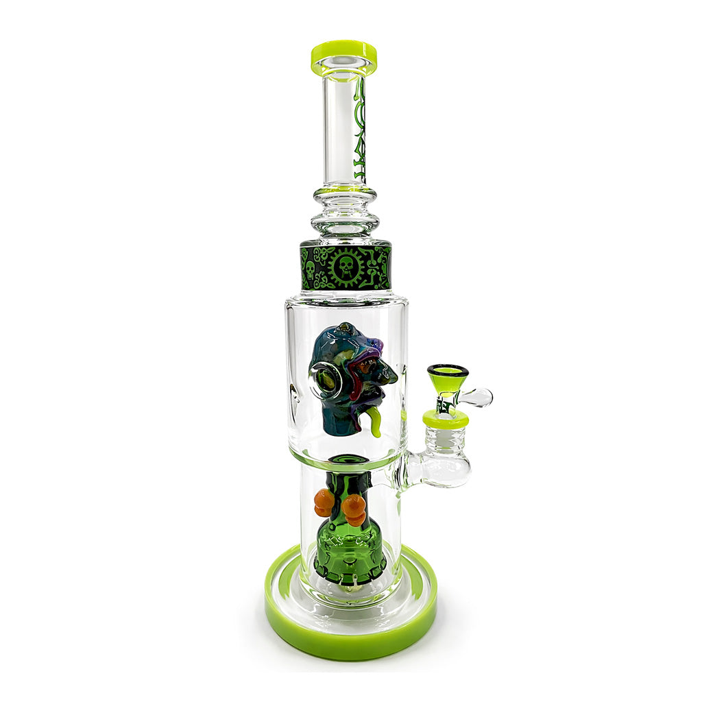 Lookah 15 inch sculpted head glass dab rig with green accents, tall neck, and bowl attachment on a white background . 