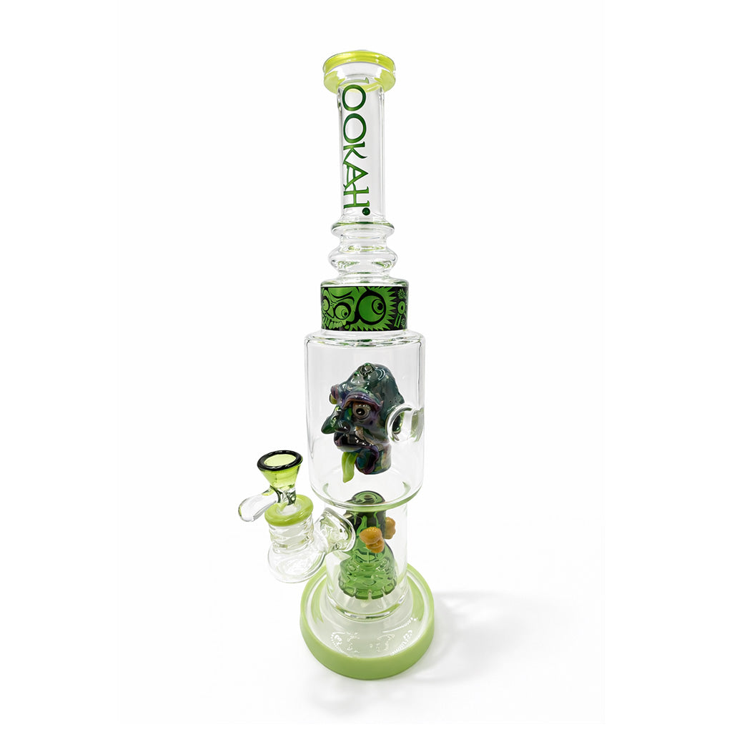 Front view of Lookah 15 inch sculpted head glass dab rig with green base accents and sculpted head centerpiece inside the chamber