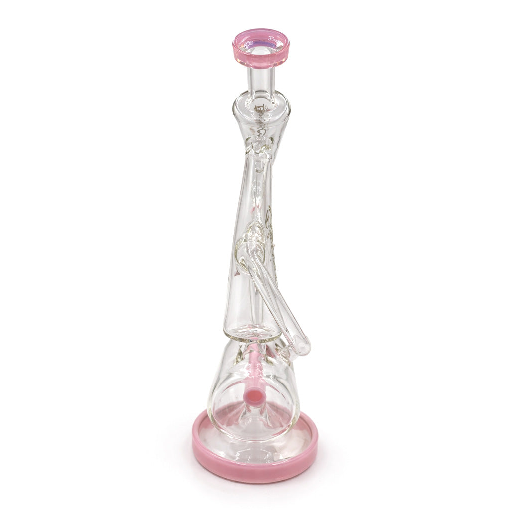 Lookah 17 inch Platinum inline perc dab rig rear view in pink with clear conical chamber, straight mouthpiece opening, and premium glass build for sale online