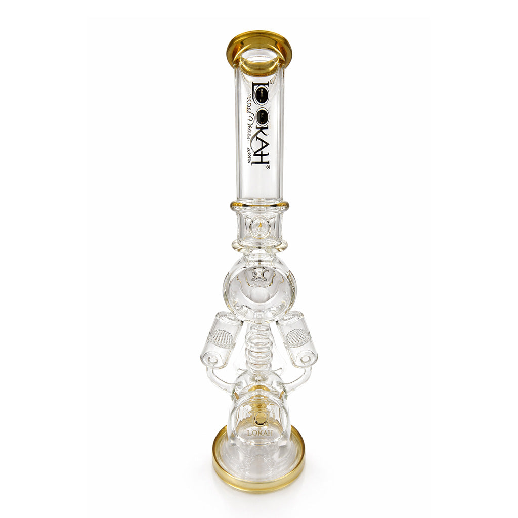 Side view of Lookah 20 inch 2 cylinder honeycomb recycler rig with gold accents showing the joint side and tall tube design for smooth filtration