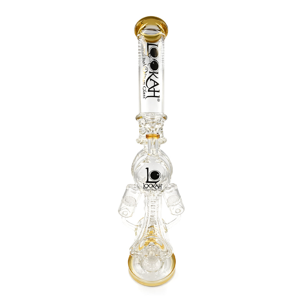 Side view of Lookah 20 inch 2 cylinder honeycomb recycler rig with gold accents showing the joint side and tall tube design for smooth filtration