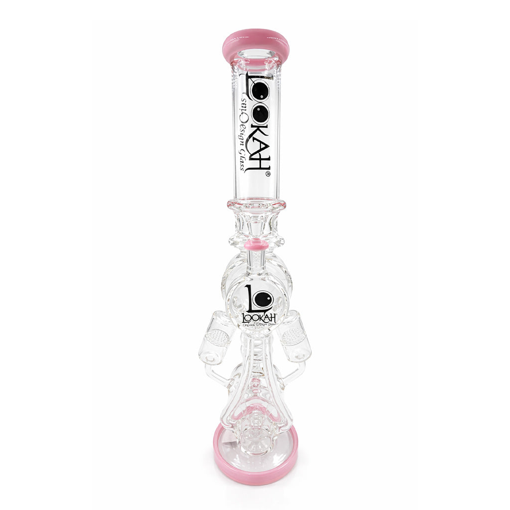 Lookah 20 Inch Quad Honeycomb Perc Recycler Rig front view in pink with clear glass body, tall straight neck, and twin angled honeycomb perc arms ready to order online