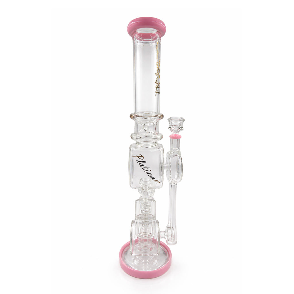 Lookah 20 Inch Quad Honeycomb Perc Recycler Rig side view in pink showing the bowl, stacked chamber sections, and tall recycler glass profile for online shoppers