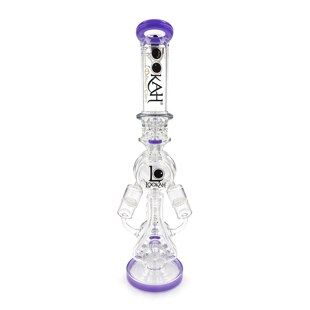 Lookah 20 Inch Quad Honeycomb Perc Recycler Rig front view in purple with clear glass body, tall straight neck, and twin angled honeycomb perc arms available online