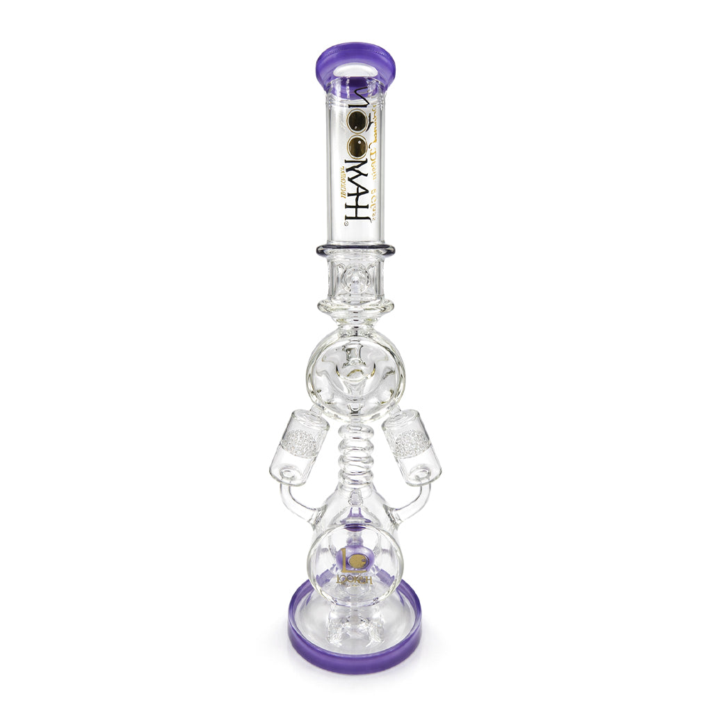 Lookah 20 Inch Quad Honeycomb Perc Recycler Rig rear view in purple with clear chambers, honeycomb perc arms, and tall premium glass build for sale online