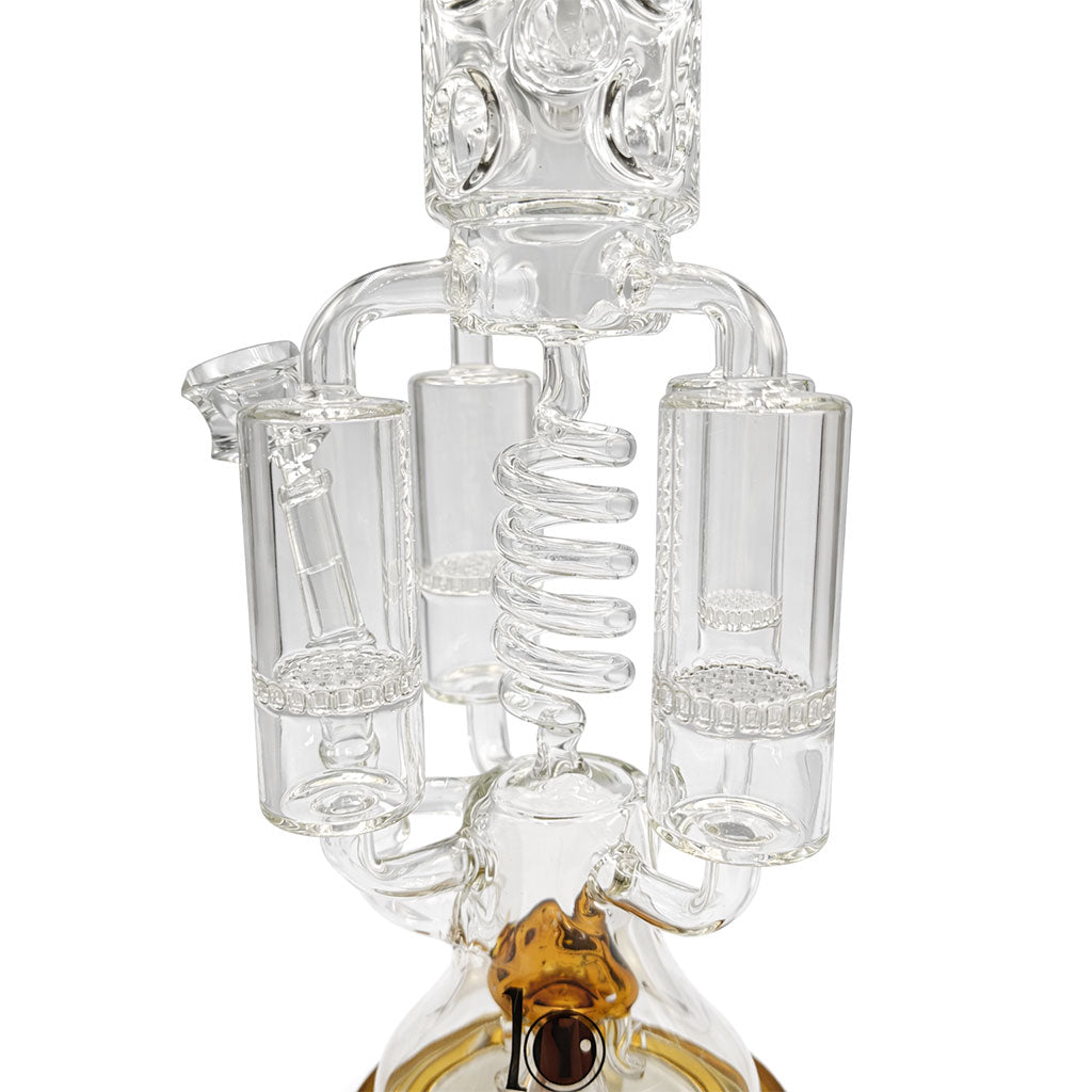 Close view of Lookah 20 inch triple honeycomb chamber multi perc glass bong with gold mouthpiece and base designed for smoother diffusion 