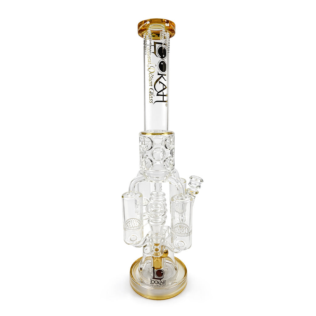 Front view of Lookah 20 inch multi perc glass bong with triple honeycomb chambers and gold accents featuring a tall tube and stable base