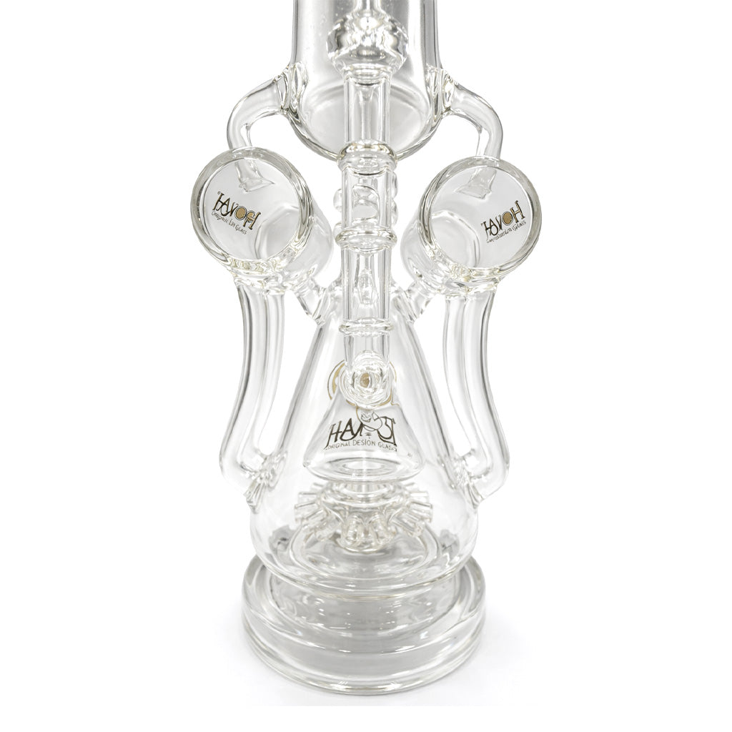 Close up of Lookah 24 inch clear coil tube sprinkler perc bong showing the dual side chambers and lower diffusion section for smoother pulls