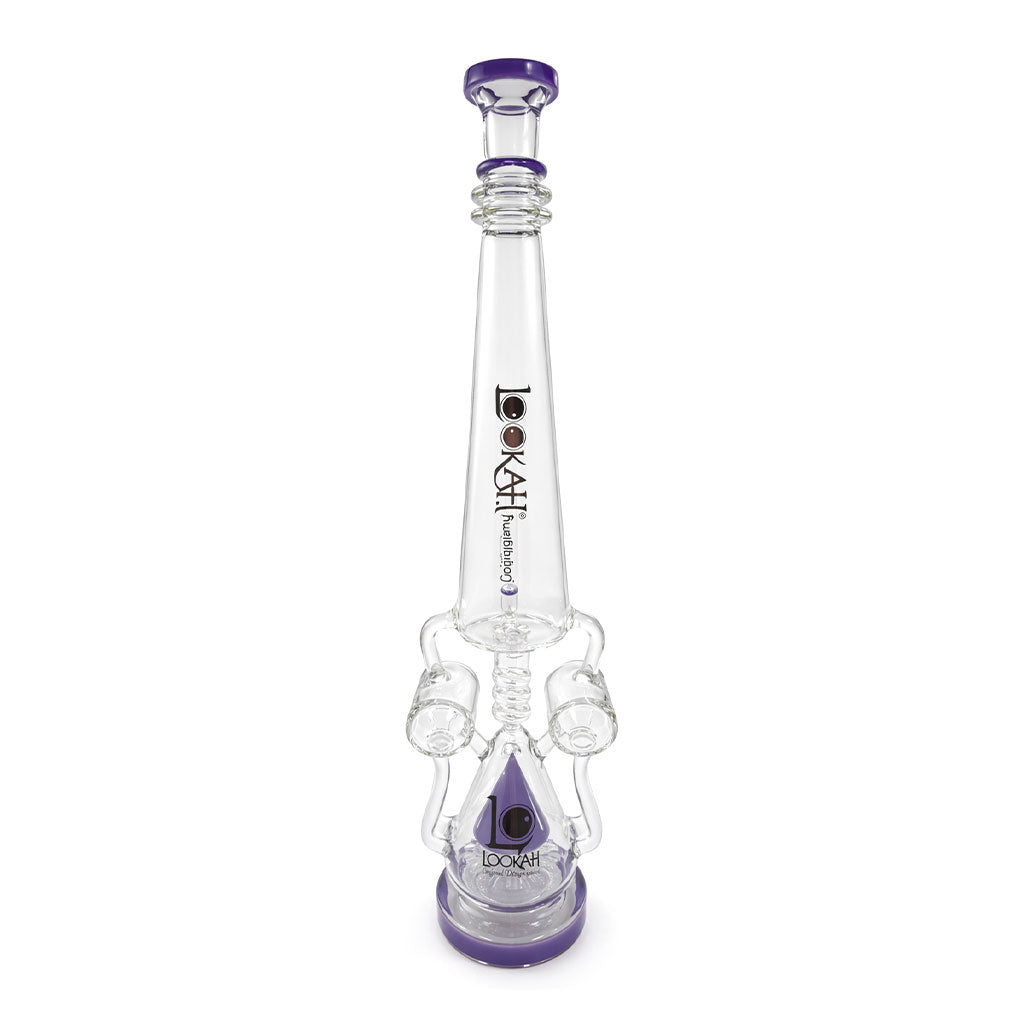 Front view of Lookah 24 inch coil tube sprinkler perc bong with purple trim designed for smoother diffusion and cleaner flavor during sessions