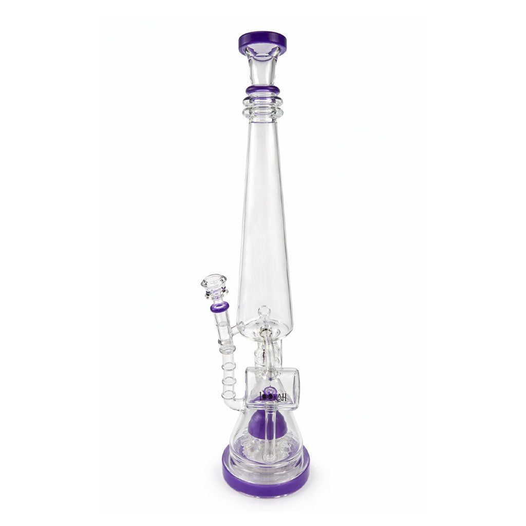 Side view of Lookah 24 inch purple coil tube sprinkler perc bong with bowl attached showing the downstem area and tall tube design for smooth pulls 
