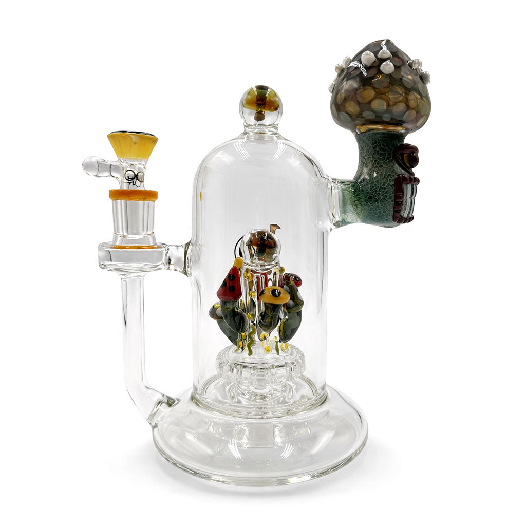 Lookah 8 inch mini cute clown mushroom glass rig blue variant angle view with clear body, artisan mushroom artwork, and compact glass rig styling