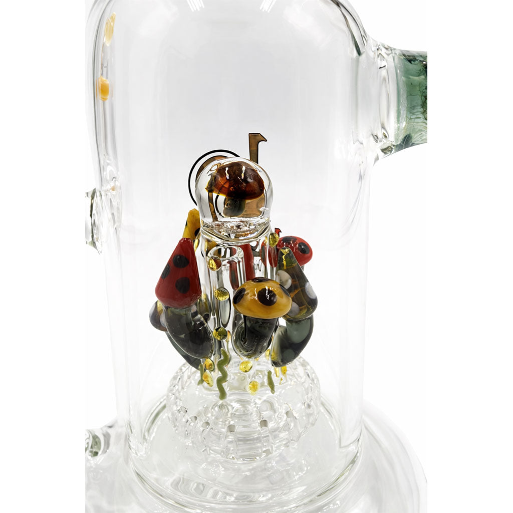 Close-up of the Lookah 8 inch mini cute clown mushroom glass rig blue variant showing the inner mushroom detail and compact clear glass chamber 