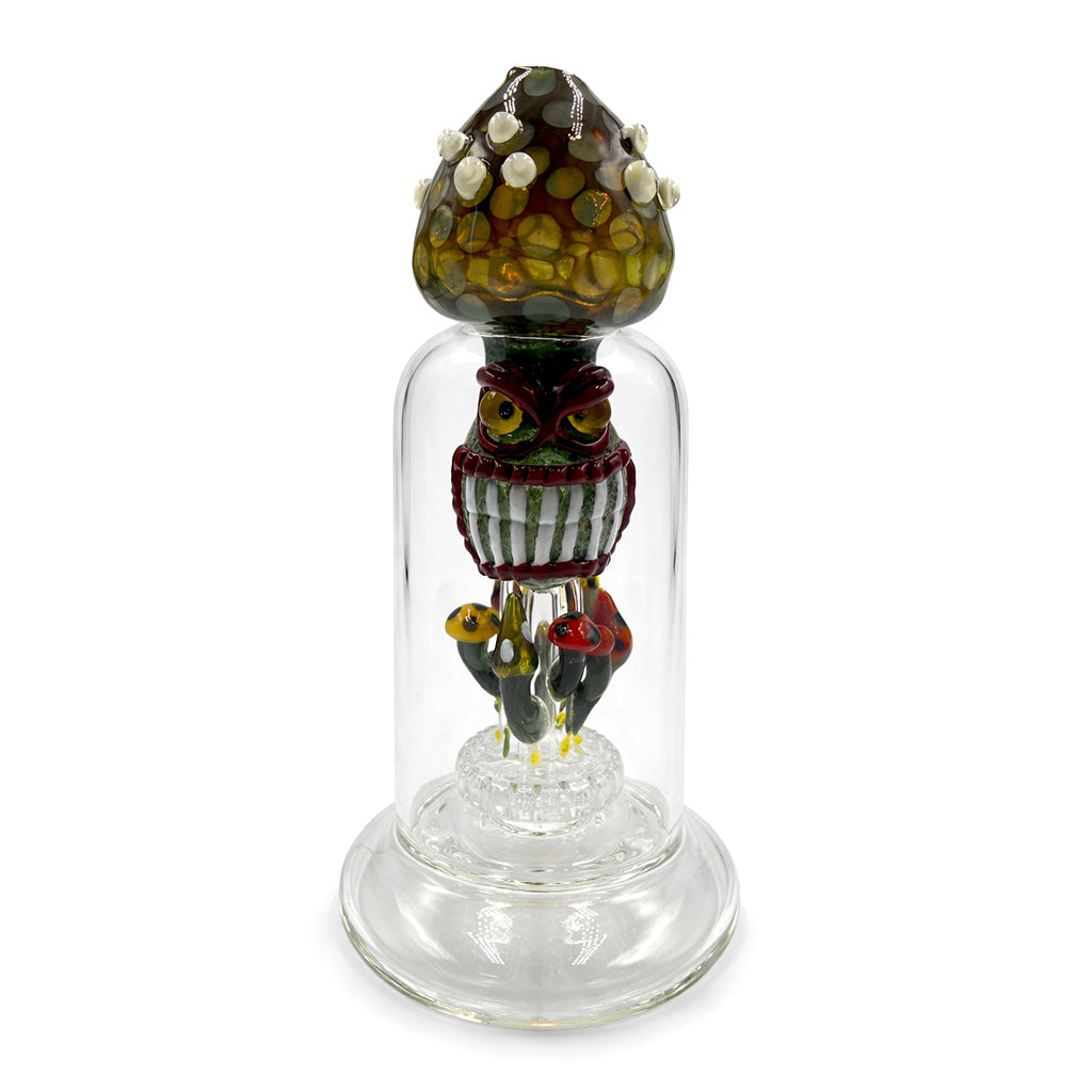 Lookah 8 inch mini cute clown mushroom glass rig blue variant front view with clear chamber, worked clown mushroom top, and compact dab rig design 