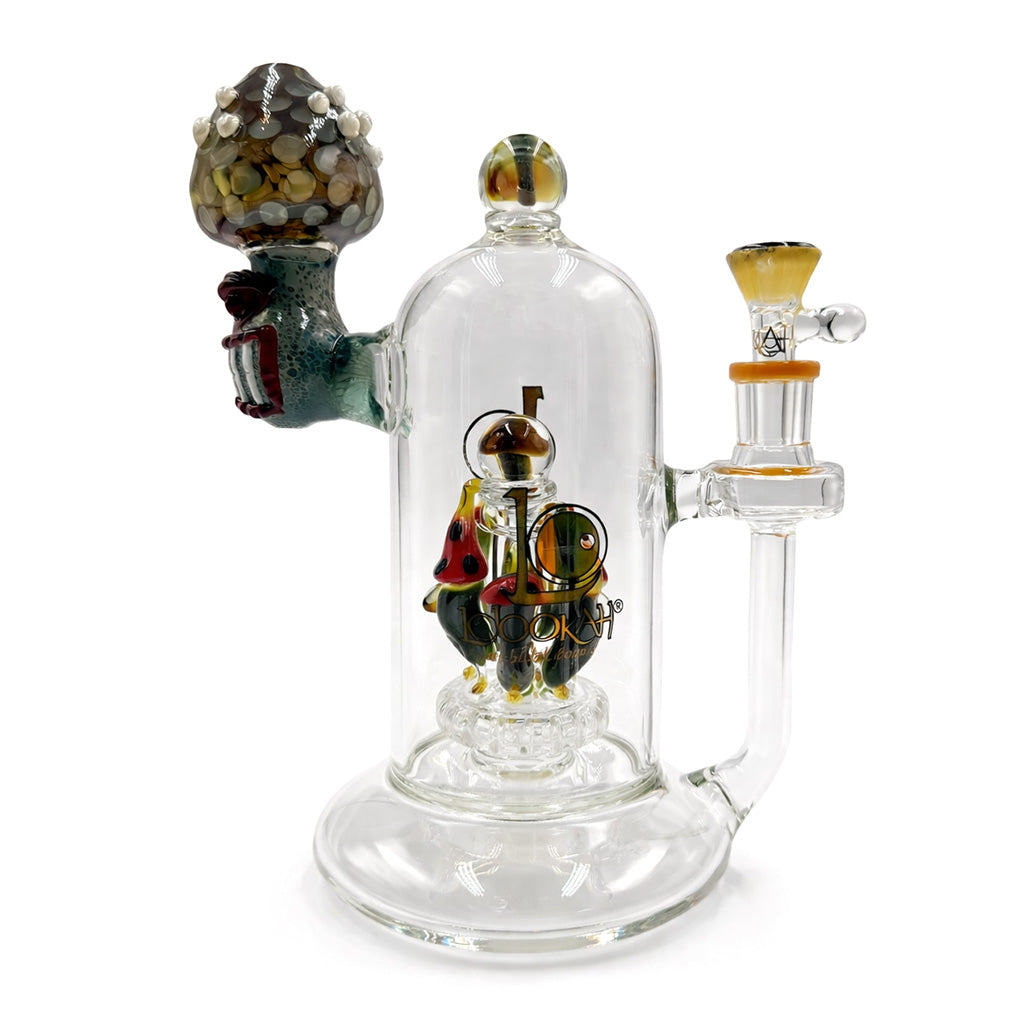 Lookah 8 inch mini cute clown mushroom glass rig blue variant side view showing matching bowl, clear body, and detailed worked mushroom glass 