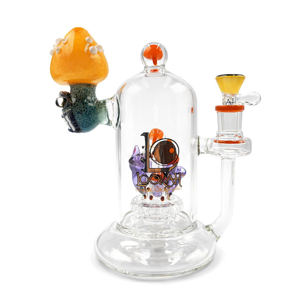 Lookah yellow mushroom glass rig angle view with clear body, clown mushroom artwork, and small footprint for shoppers buying a compact dab rig online