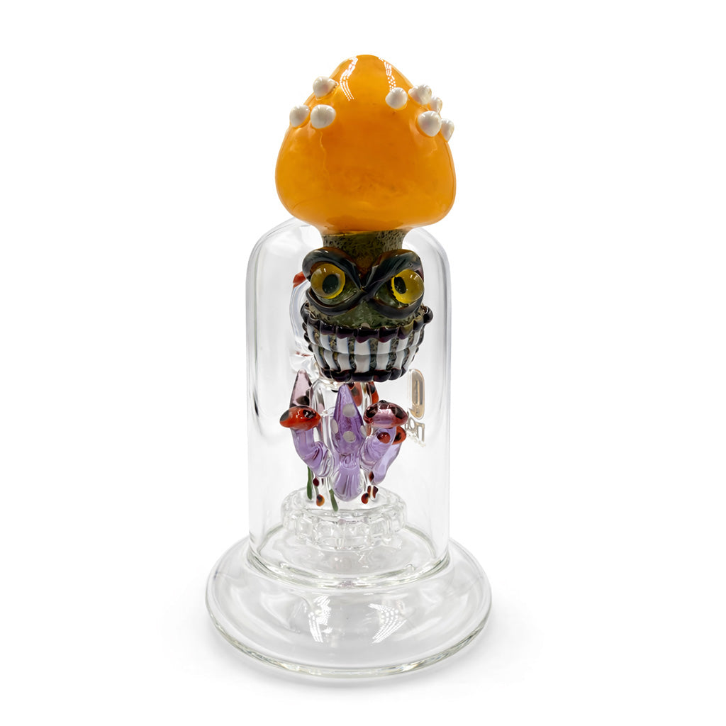 Lookah 8 inch mini cute clown mushroom glass rig in yellow front view with clear chamber, worked clown mushroom top, and compact dab rig design available online