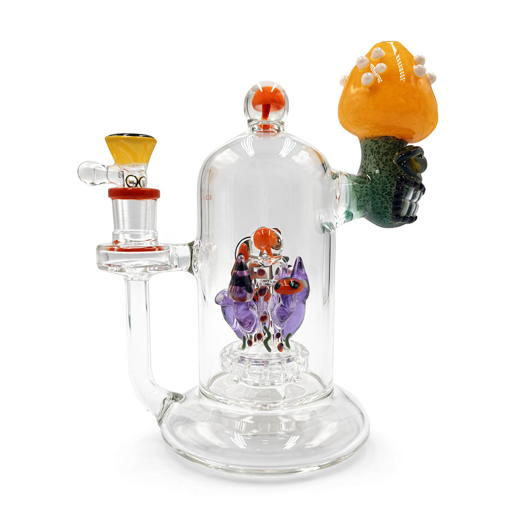 Yellow Lookah mini cute clown mushroom glass rig side view showing matching bowl, worked mushroom head, and decorative inner mushroom detail for sale online 