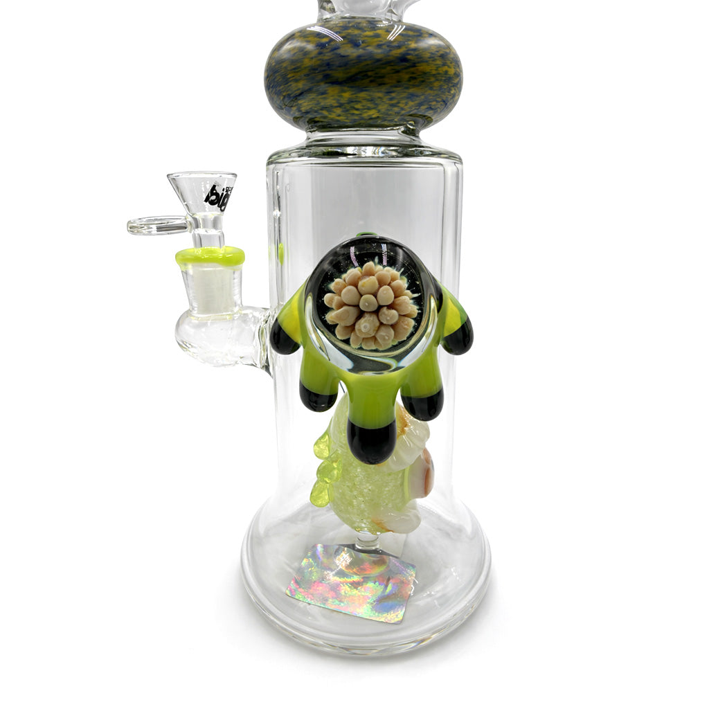 Closeup of Lookah BIIGO 11 inch eye themed glass dab rig showing the eyeball attachment and side eye detail 