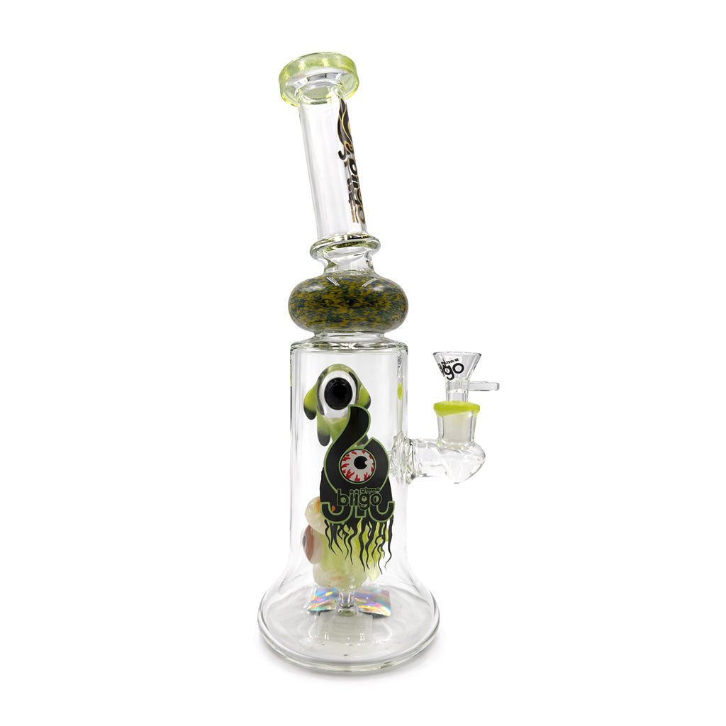 Back view of Lookah BIIGO 11 inch eye themed glass dab rig with beaker base and matching color accents 