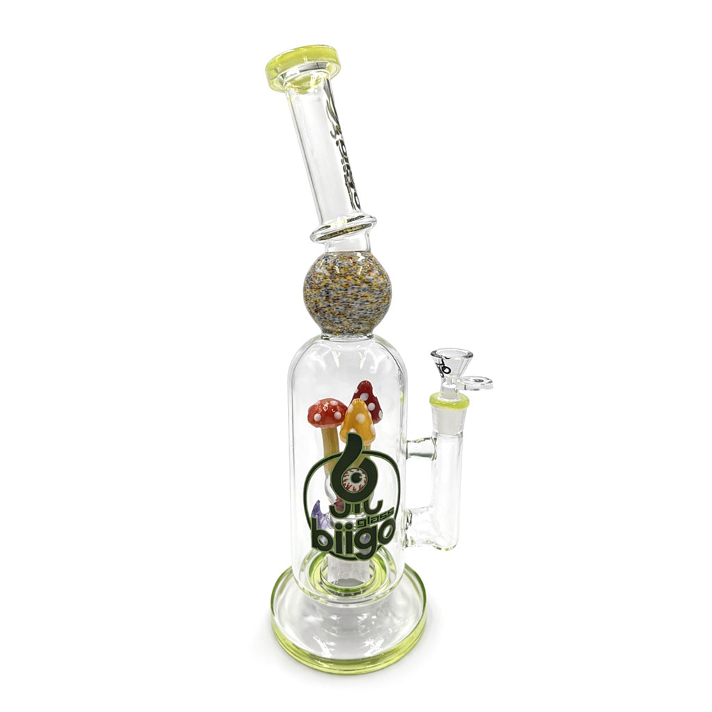 Lookah BIIGO Spiked Mushroom Perc Straight Dab Rig in lime green with clear body, logo side view, colorful mushroom artwork, and premium glass styling for sale online