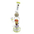 Lime green Lookah BIIGO straight dab rig side angle view showing worked mushroom perc, clear bowl, speckled top sphere, and compact straight tube design 