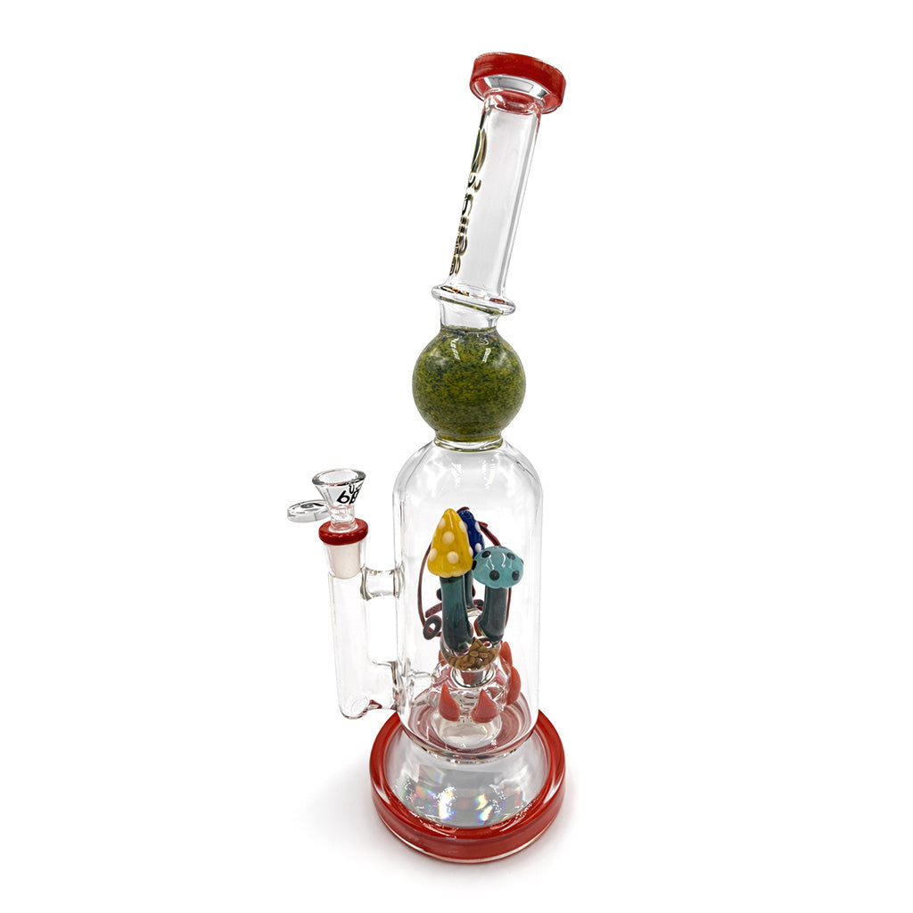 Lookah BIIGO Spiked Mushroom Perc Straight Dab Rig in red with clear straight tube body, worked mushroom perc, and red spiked glass detail available online 