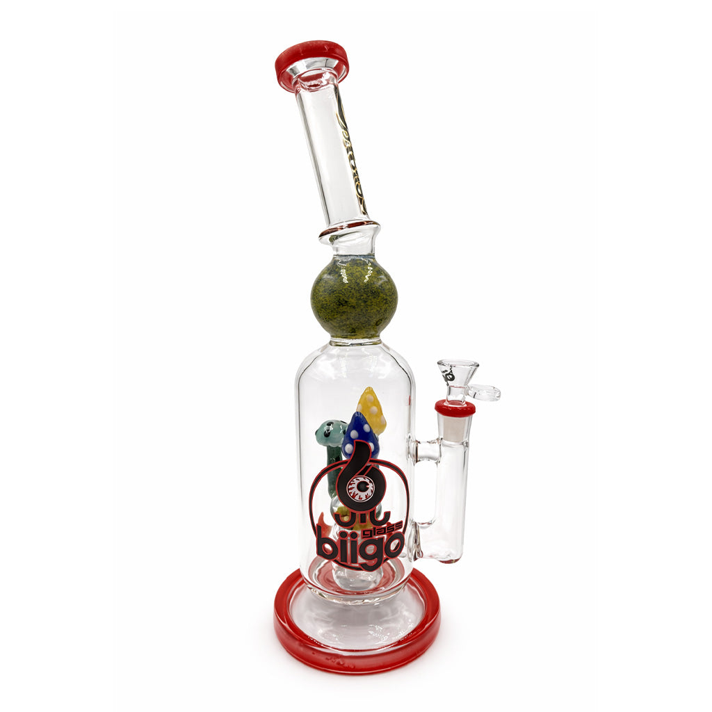 Red Lookah BIIGO straight dab rig rear angle view showing clear bowl, tall chamber, green accent sphere, and worked mushroom perc for online purchase 