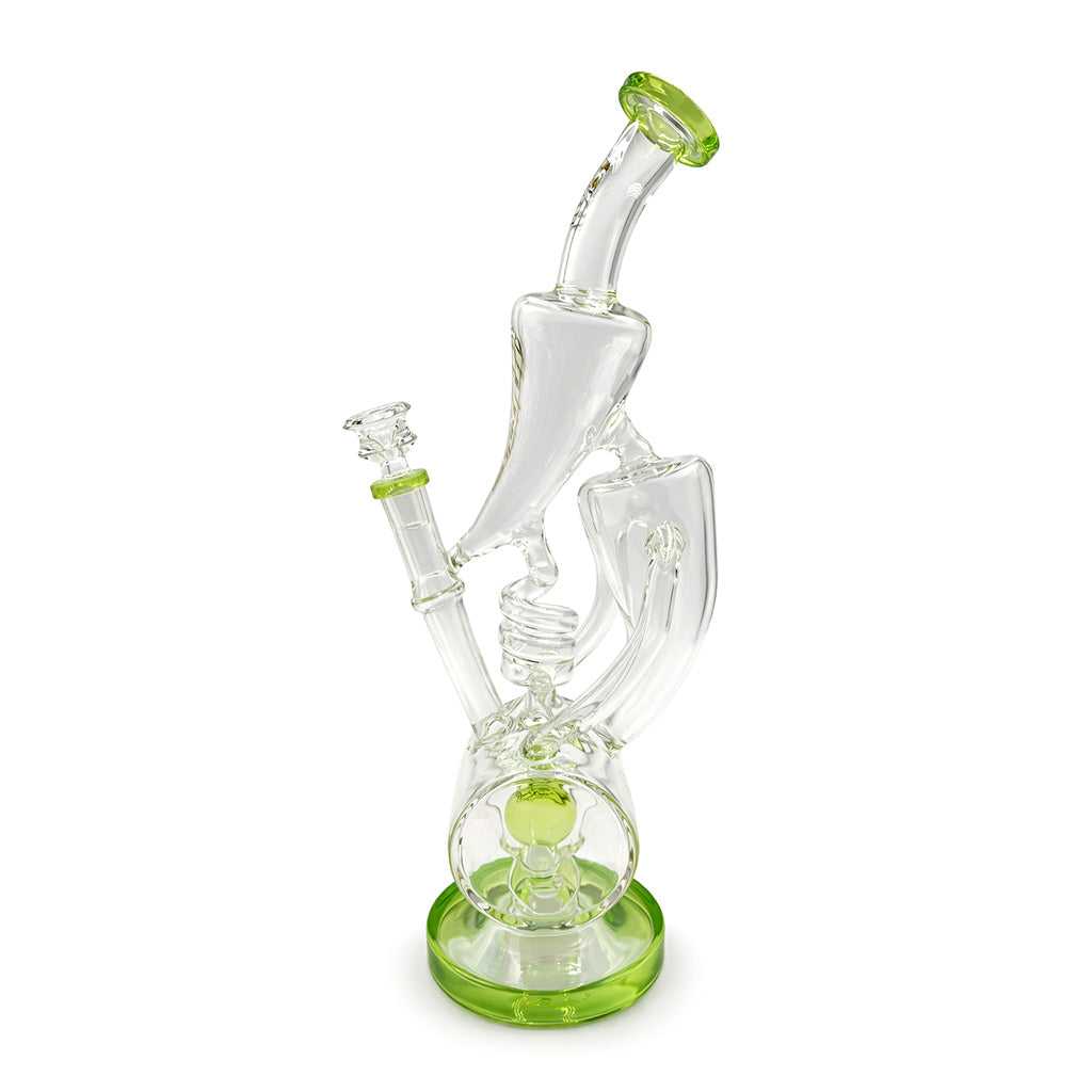 Side angle of Lookah coil perc recycler dab rig in green showing angled neck and joint for comfortable, smooth dabbing sessions