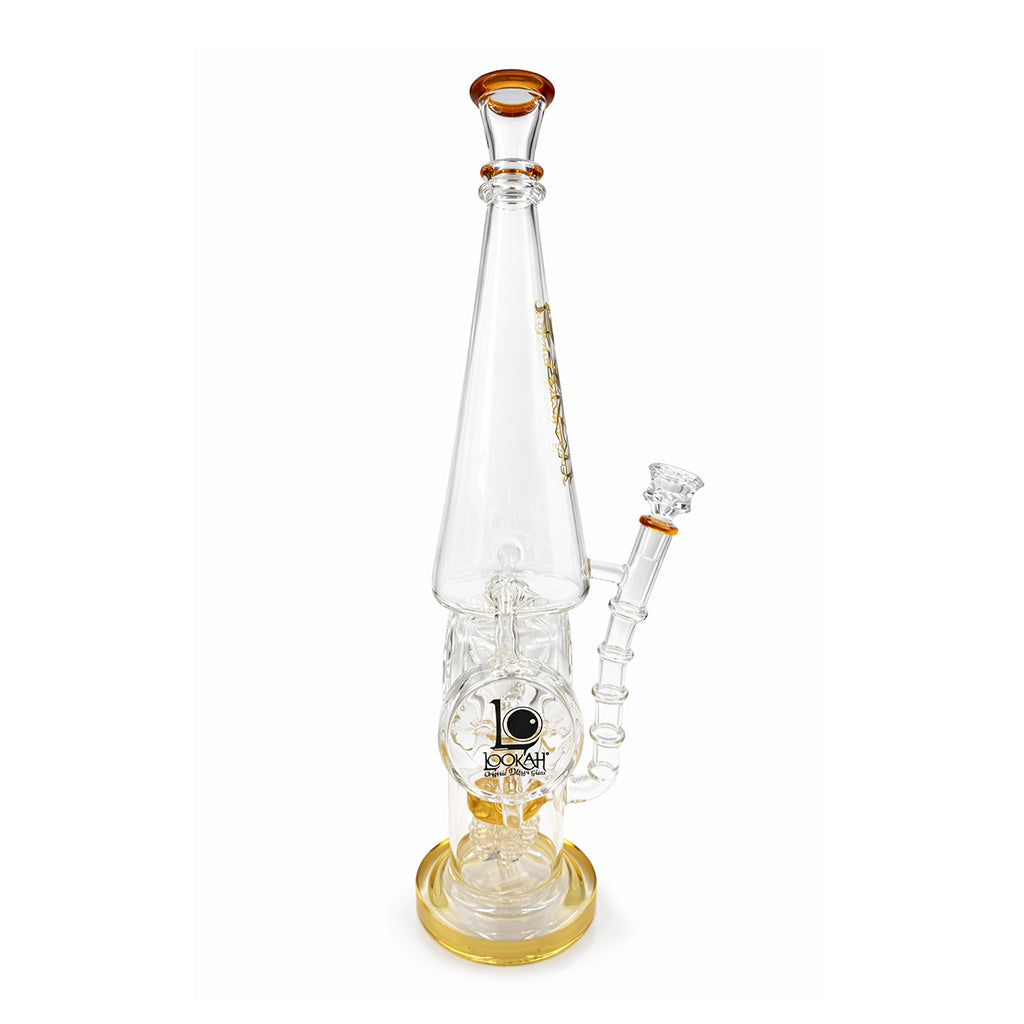 Front view of Lookah 15 inch double barrel recycler UFO rig in gold showing the clear glass body, double barrel chambers, and filtration section 