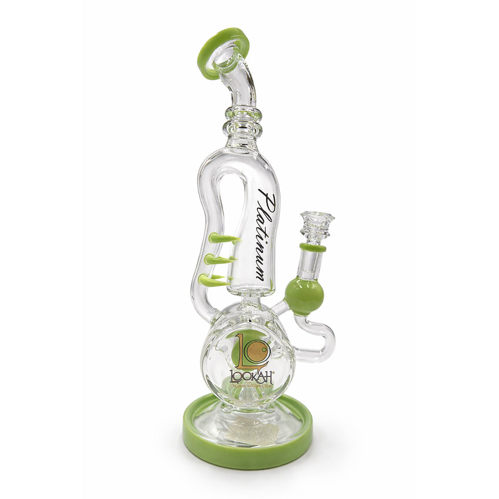 Lookah milk green recycler rig with bowl attached featuring multi spike accents, curved neck, and stable base for smooth, water cooled pulls 